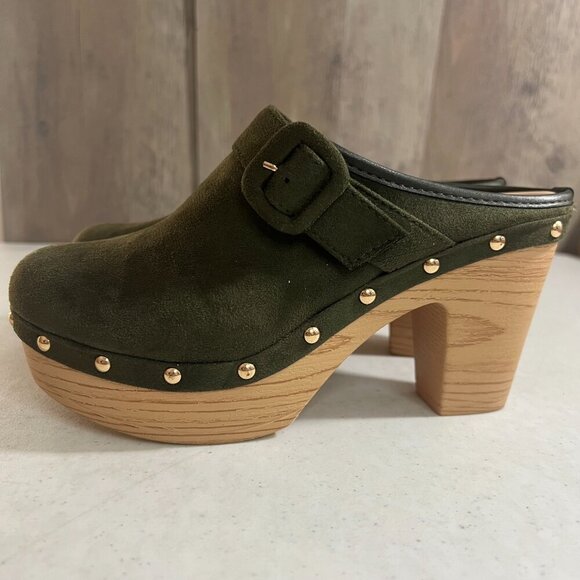 Atalina Shoes - Atalina Olive Green Suede Clogs • Wedge Heel • Lightweight Mule • Size 7.5